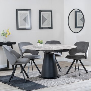 Get 2 chairs free - carrara extending dining set - 85cm-135cm - round - grey ceramic - 4x ion swivel chair - dark grey velvet fabric