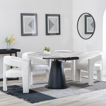 Carrara extending dining set - 85cm-135cm - round - grey ceramic - 4x kiefer chair - cream boucle fabric