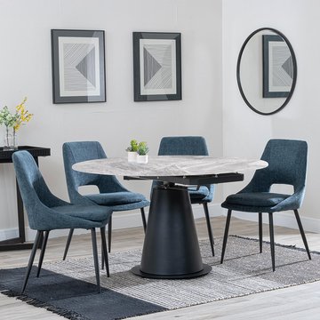Get 2 chairs free - carrara extending dining set - 85cm-135cm - round - grey ceramic - 4x peyton chair - blue fabric