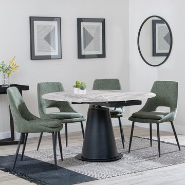 Get 2 chairs free - carrara extending dining set - 85cm-135cm - round - grey ceramic - 4x peyton chair - green fabric