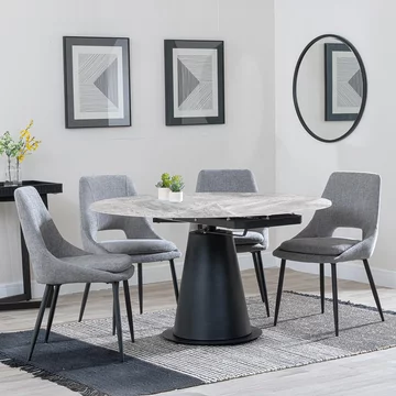 Get 2 chairs free - carrara extending dining set - 85cm-135cm - round - grey ceramic - 4x peyton chair - grey fabric