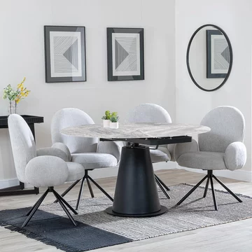 Get 2 chairs free - carrara extending dining set - 85cm-135cm - round - grey ceramic - 4x theo swivel chair - grey fabric