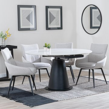 Get 2 chairs free - carrara extending dining set - 85cm-135cm - round - white ceramic - 4x ace swivel chair - beige fabric