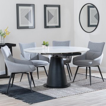 Carrara extending dining set - 85cm-135cm - round - white ceramic - 4x ace swivel chair - grey fabric