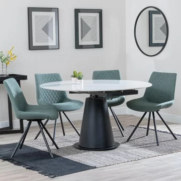 Get 2 chairs free - carrara extending dining set - 85cm-135cm - round - white ceramic - 4x boden swivel chair - green fabric