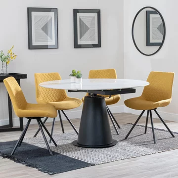 Get 2 chairs free - carrara extending dining set - 85cm-135cm - round - white ceramic - 4x boden swivel chair - yellow fabric