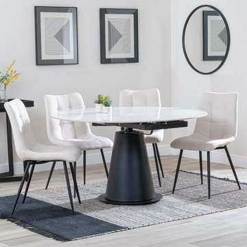 Carrara extending dining set - 85cm-135cm - round - white ceramic - 4x corona chair - beige fabric