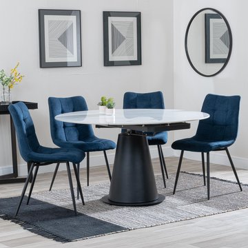 Get 2 chairs free - carrara extending dining set - 85cm-135cm - round - white ceramic - 4x corona chair - blue fabric