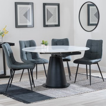 Get 2 chairs free - carrara extending dining set - 85cm-135cm - round - white ceramic - 4x corona chair - light grey fabric