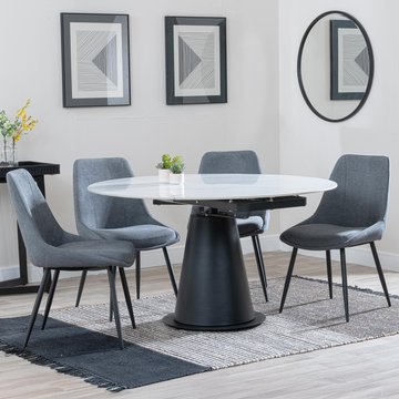 Get 2 chairs free - carrara extending dining set - 85cm-135cm - round - white ceramic - 4x darwin chair - grey fabric