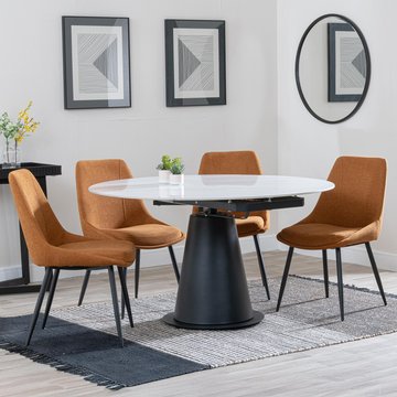 Get 2 chairs free - carrara extending dining set - 85cm-135cm - round - white ceramic - 4x darwin chair - orange fabric