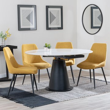Get 2 chairs free - carrara extending dining set - 85cm-135cm - round - white ceramic - 4x darwin chair - yellow fabric