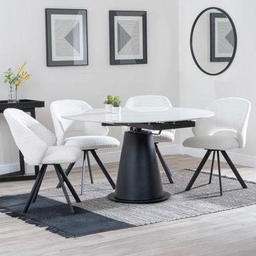 Carrara extending dining set - 85cm-135cm - round - white ceramic - 4x ion swivel chair - cream boucle fabric
