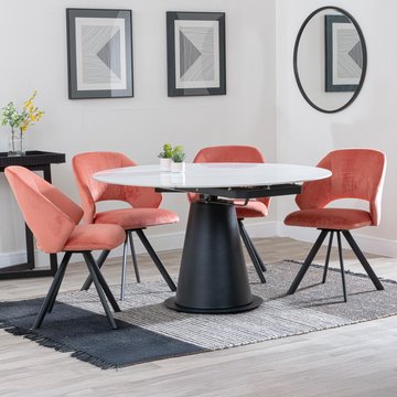 Get 2 chairs free - carrara extending dining set - 85cm-135cm - round - white ceramic - 4x ion swivel chair - orange velvet fabric