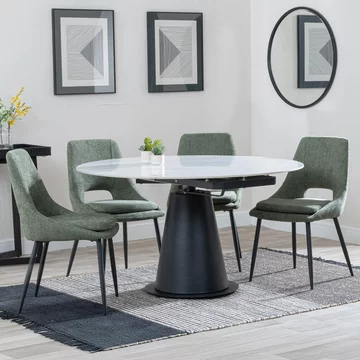 Get 2 chairs free - carrara extending dining set - 85cm-135cm - round - white ceramic - 4x peyton chair - green fabric