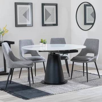 Get 2 chairs free - carrara extending dining set - 85cm-135cm - round - white ceramic - 4x peyton chair - grey fabric