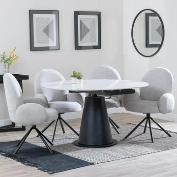Get 2 chairs free - carrara extending dining set - 85cm-135cm - round - white ceramic - 4x theo swivel chair - grey fabric