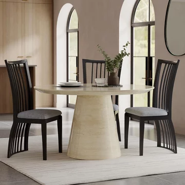 Carrera dining set - 4 seater - 130cm - round - travertine beige marble - 4x athena dining chairs - black high gloss - grey seat pads