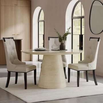 Carrera dining set - 4 seater - 130cm - round - travertine beige marble - 4x carmela dining chairs - cream leather