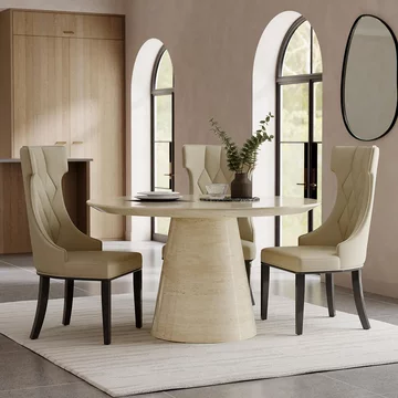 Carrera dining set - 4 seater - 130cm - round - travertine beige marble - 4x mimi dining chairs - cream leather
