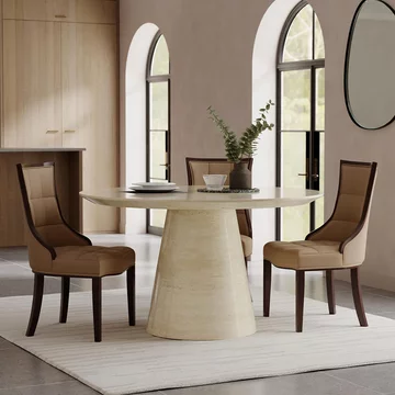 Carrera dining set - 4 seater - 130cm - round - travertine beige marble - 4x paris dining chairs - taupe leather - brown legs