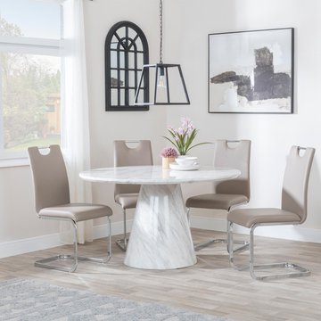 Carrera dining set - 4 seater - 130cm - round - white marble - 4x bianco dining chairs - beige faux leather