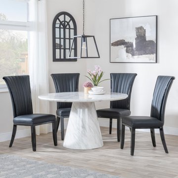 Carrera dining set - 4 seater - 130cm - round - white marble - 4x cadiz dining chairs - black leather