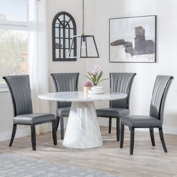 Carrera dining set - 4 seater - 130cm - round - white marble - 4x cadiz dining chairs - grey leather
