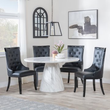 Carrera dining set - 4 seater - 130cm - round - white marble - 4x carmela dining chairs - black leather