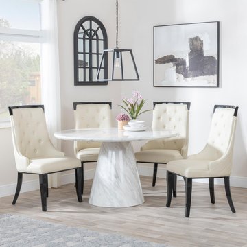 Carrera dining set - 4 seater - 130cm - round - white marble - 4x carmela dining chairs - cream leather