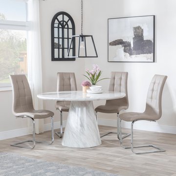 Carrera dining set - 4 seater - 130cm - round - white marble - 4x jamison dining chairs - beige faux leather