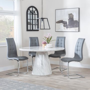 Carrera dining set - 4 seater - 130cm - round - white marble - 4x jamison dining chairs - grey faux leather