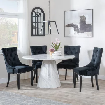 Carrera dining set - 4 seater - 130cm - round - white marble - 4x knocker back dining chairs - black velvet fabric - black wooden legs