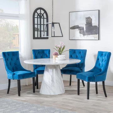 Carrera dining set - 4 seater - 130cm - round - white marble - 4x knocker back dining chairs - blue velvet fabric - black wooden legs