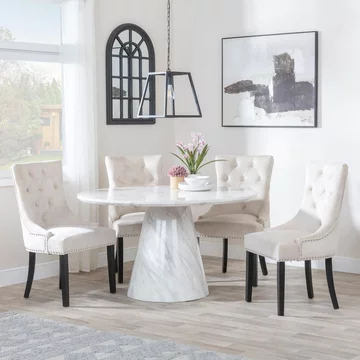 Carrera dining set - 4 seater - 130cm - round - white marble - 4x knocker back dining chairs - champagne velvet fabric - black wooden legs