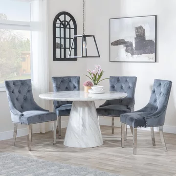 Carrera dining set - 4 seater - 130cm - round - white marble - 4x knocker back dining chairs - grey velvet fabric - chrome legs