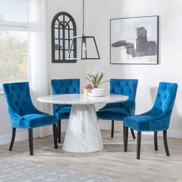 Carrera dining set - 4 seater - 130cm - round - white marble - 4x lion knocker back dining chairs - blue velvet fabric - black wooden legs
