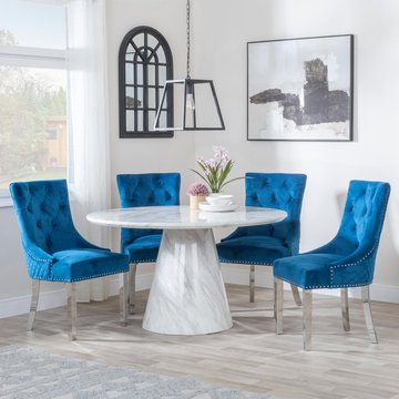 Carrera dining set - 4 seater - 130cm - round - white marble - 4x lion knocker back dining chairs - blue velvet fabric - chrome legs