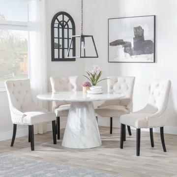 Carrera dining set - 4 seater - 130cm - round - white marble - 4x lion knocker back dining chairs - champagne velvet fabric - black wooden legs