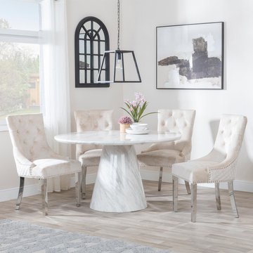 Carrera dining set - 4 seater - 130cm - round - white marble - 4x lion knocker back dining chairs - champagne velvet fabric - chrome legs