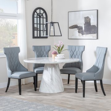 Carrera dining set - 4 seater - 130cm - round - white marble - 4x mimi dining chairs - grey leather