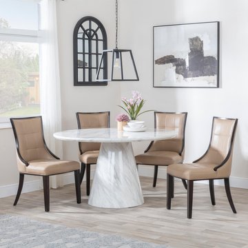 Carrera dining set - 4 seater - 130cm - round - white marble - 4x paris dining chairs - taupe leather - brown legs
