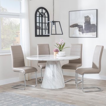 Carrera dining set - 4 seater - 130cm - round - white marble - 4x roma dining chairs - beige faux leather