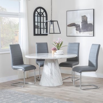 Carrera dining set - 4 seater - 130cm - round - white marble - 4x roma dining chairs - grey faux leather