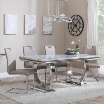 Glacier dining set - 6 seater - 180cm - grey marble & chrome - bianco dining chairs - beige faux leather