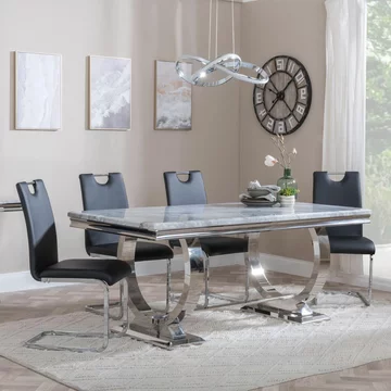 Glacier dining set - 6 seater - 180cm - grey marble & chrome - bianco dining chairs - black faux leather