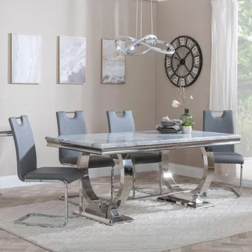 Glacier dining set - 6 seater - 180cm - grey marble & chrome - bianco dining chairs - grey faux leather