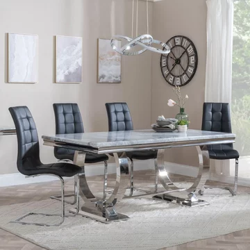 Glacier dining set - 6 seater - 180cm - grey marble & chrome - jamison dining chairs - black faux leather
