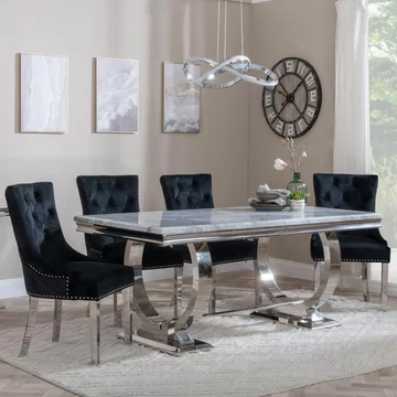 Glacier dining set - 6 seater - 180cm - grey marble & chrome - lion knocker back dining chairs - black velvet fabric - chrome legs