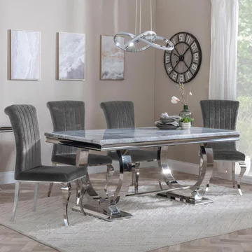 Glacier dining set - 6 seater - 180cm - grey marble & chrome - louis dining chairs - grey velvet fabric